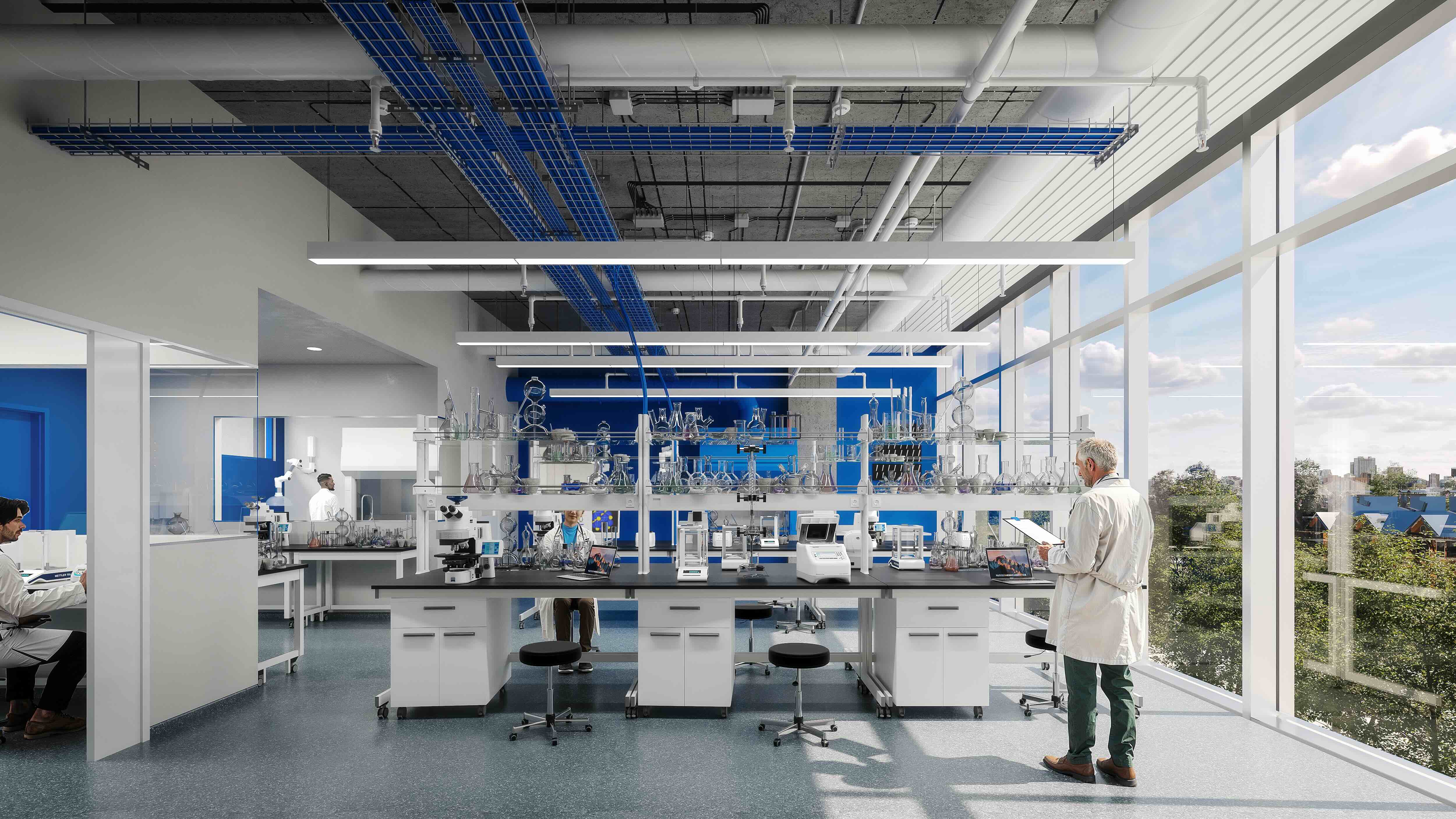 Open Pacer-style lab and office suite with exterior views